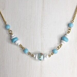 Beaded Blue & White Necklace Gold Tone Chain